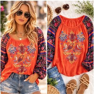 Soft Surroundings Blame Rio Embroidered Boho Peasant Blouse Contrast Sleeve XS